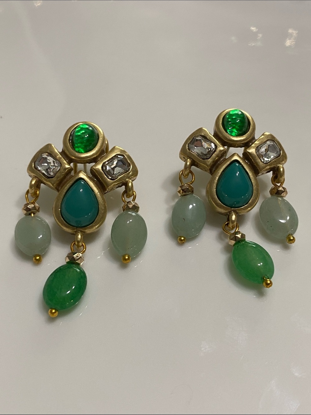 Trifari Gold-Tone Earrings with Green and Teal Cabochons